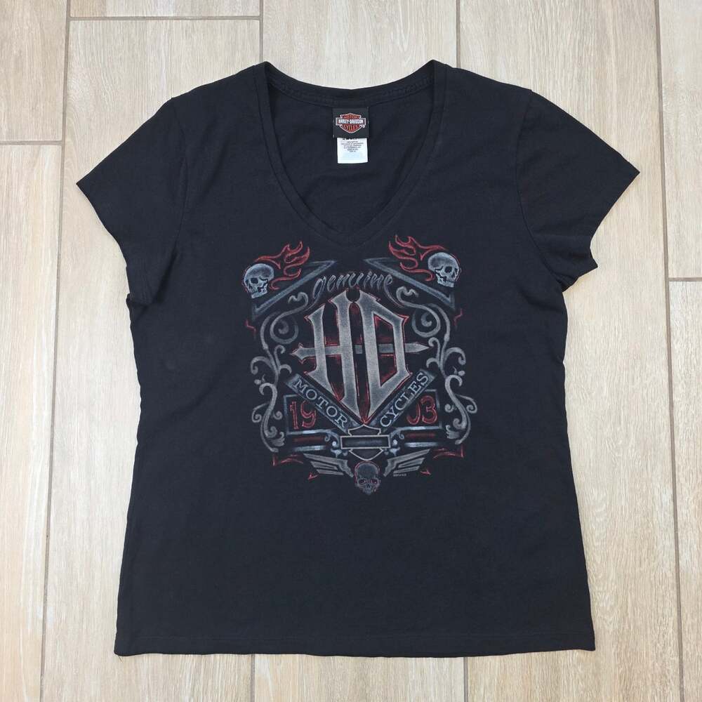 Harley Davidson Womens XL T Shirt Route 66 Tulsa Oklahoma Skull Graphic 2014